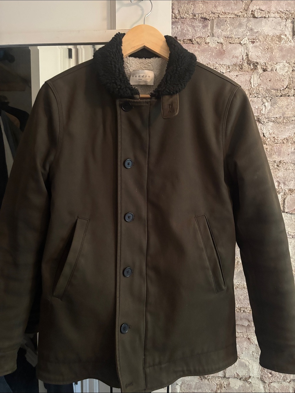 Sandro Olive Green Bomber Jacket with Black Sherpa Collar